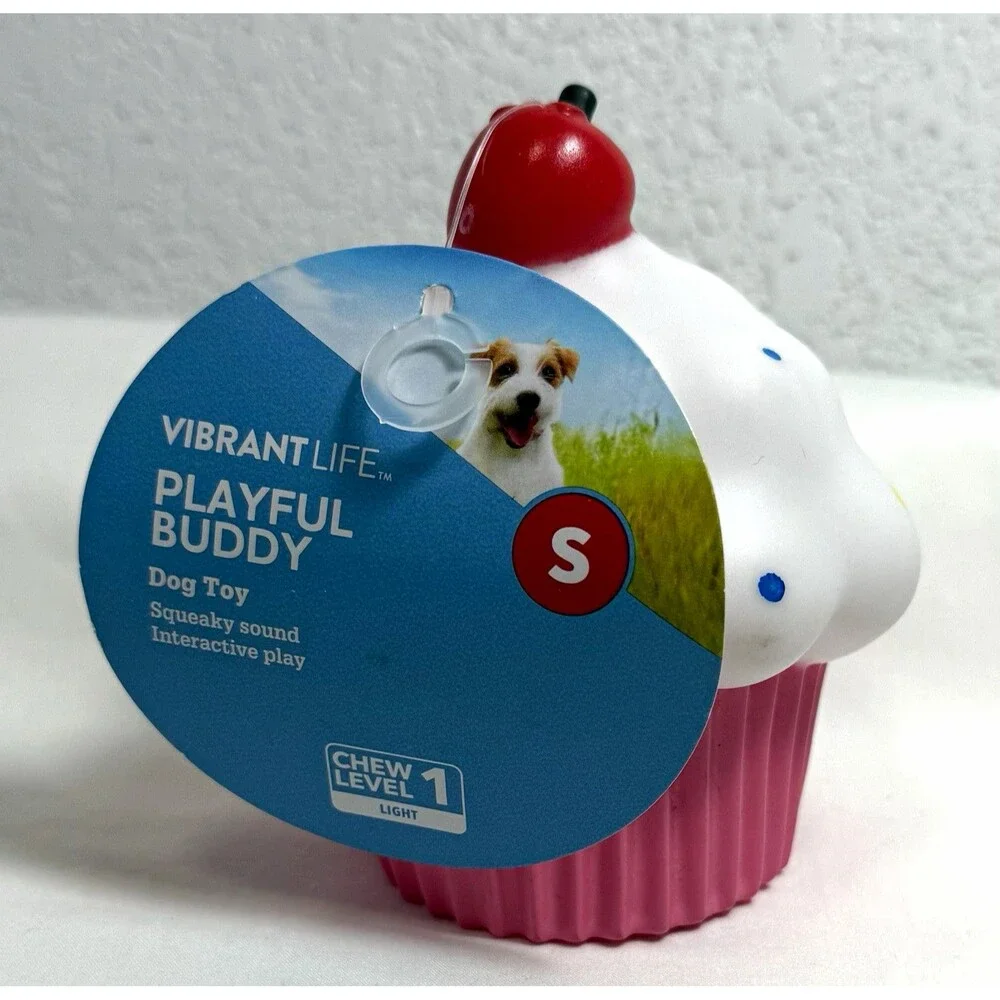 Vibrant Life Playful Buddy Cupcake Squeaky Dog Toy Small Chew Level 1 New